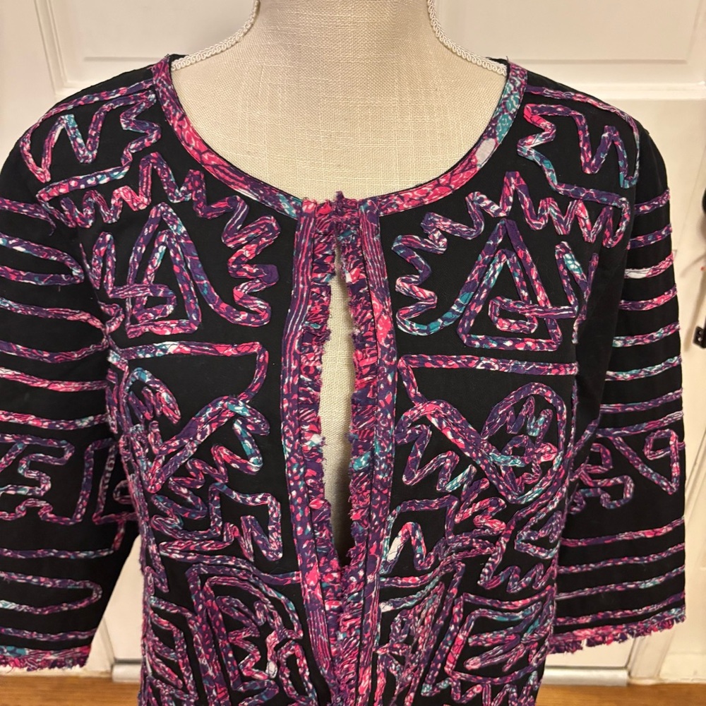 Choices Women's Black Pink‎ Patterned geometric open jacket sz large 3/4 sleeve - Picture 2 of 9